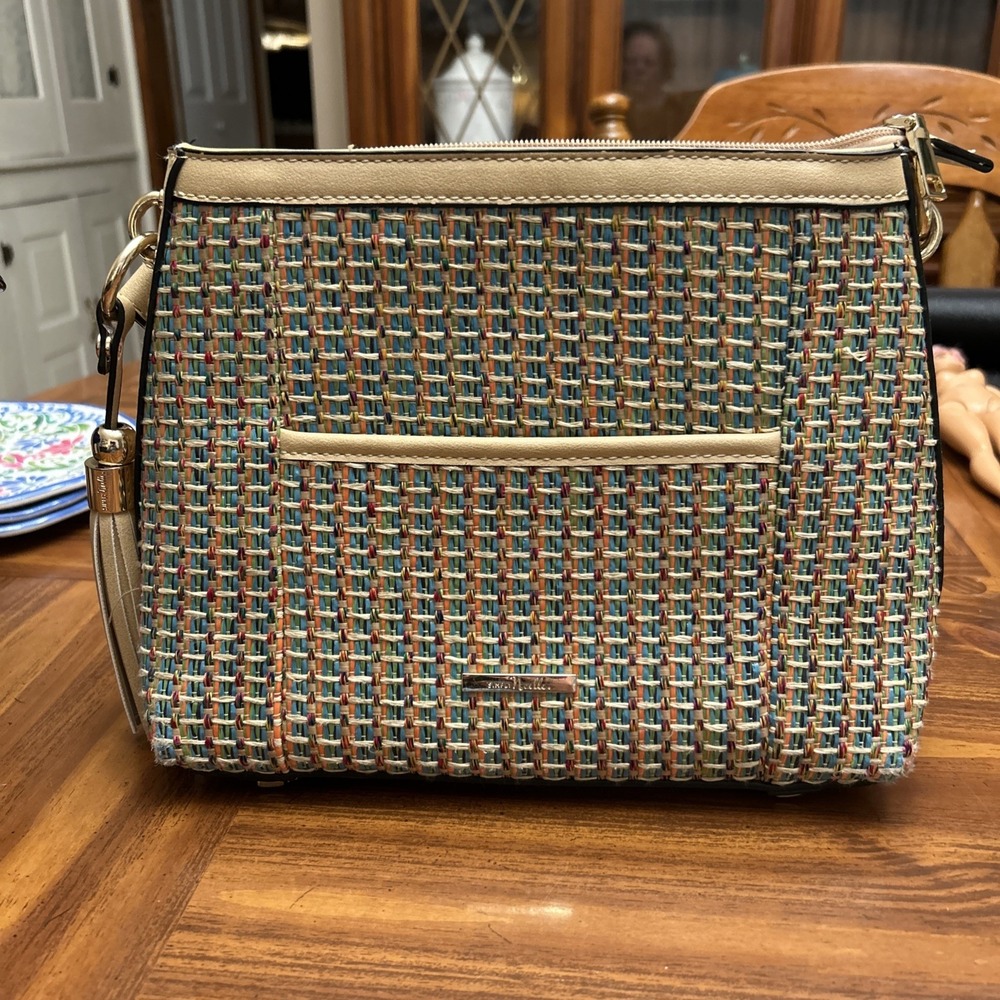 Simply Noelle Handbag Purse Plaid Weave Straw Teal Blue‎